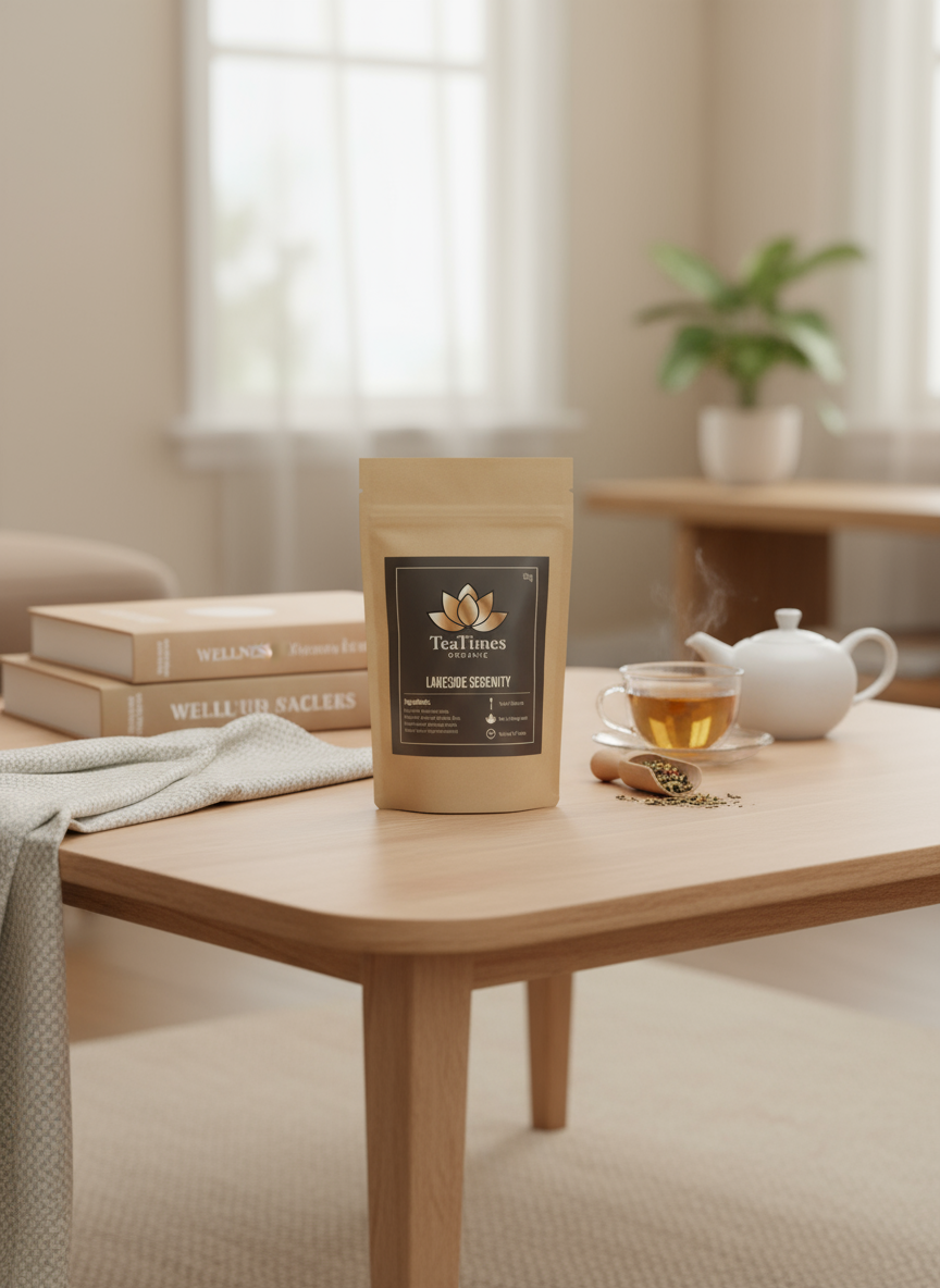 Tea package on a table with a cup of tea and teapot in a cozy room.