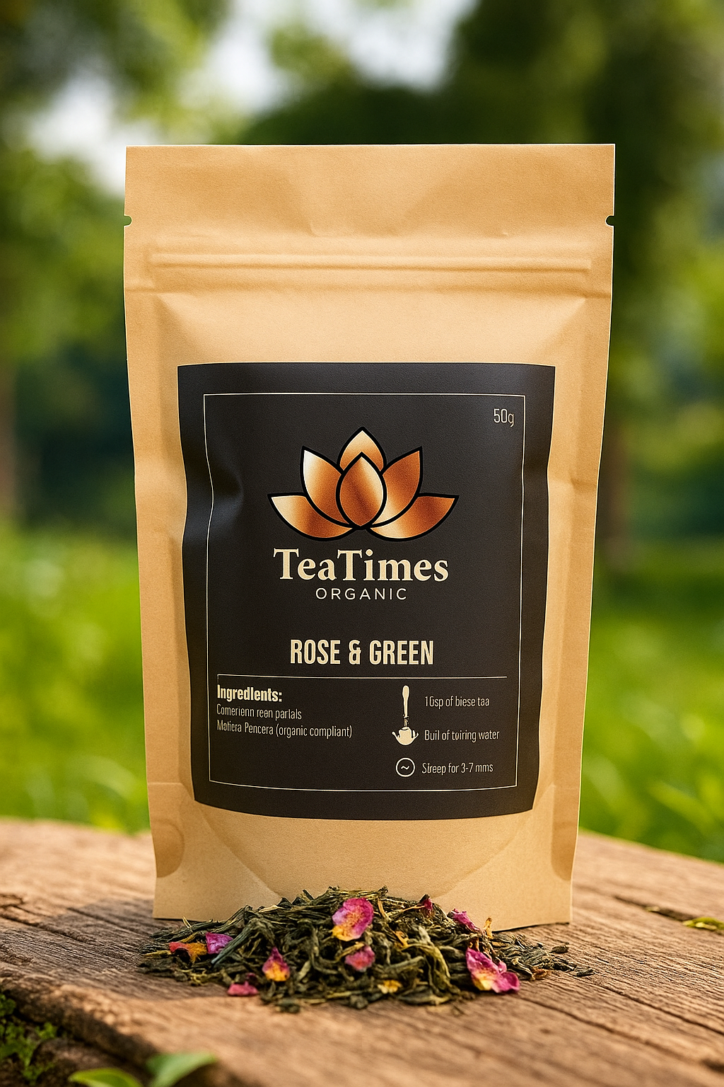 TeaTimes Organic Rose & Green tea package on a wooden surface with a blurred green background