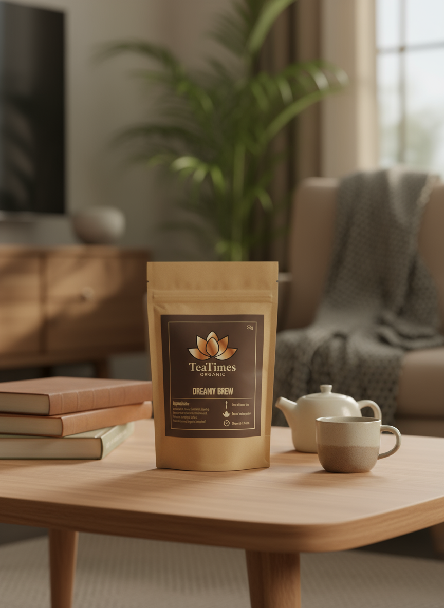 TeaTimes organic brew package on a wooden table with a cozy living room background