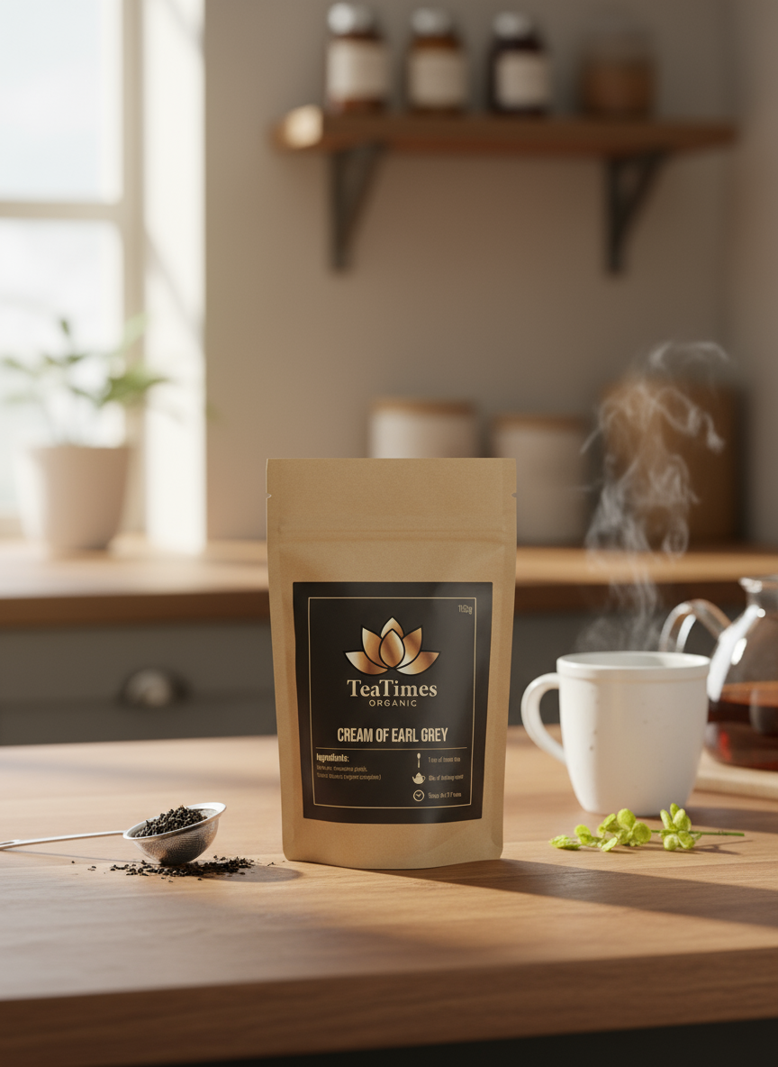 Tea Times Cream of Earl Grey tea package on a wooden table with a steaming cup of tea in the background.