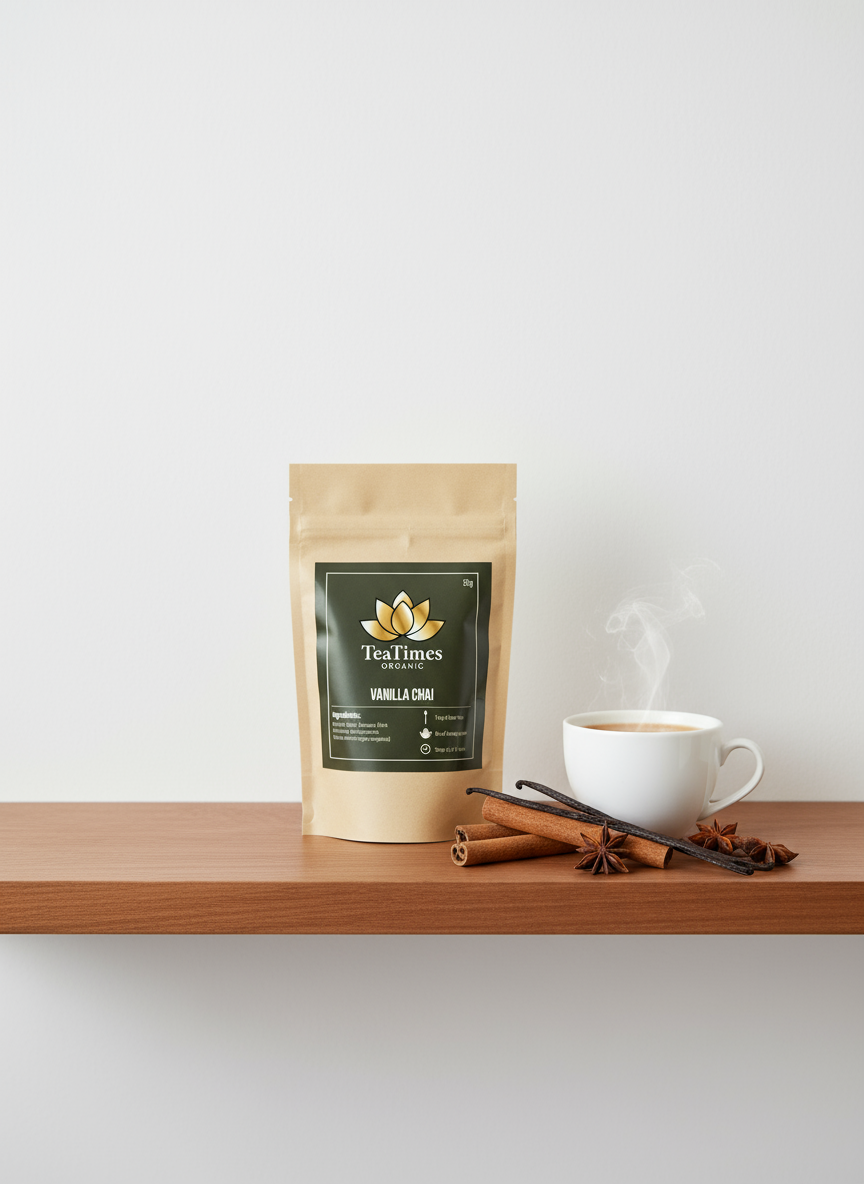 Tea package and steaming cup on a wooden shelf with vanilla beans.