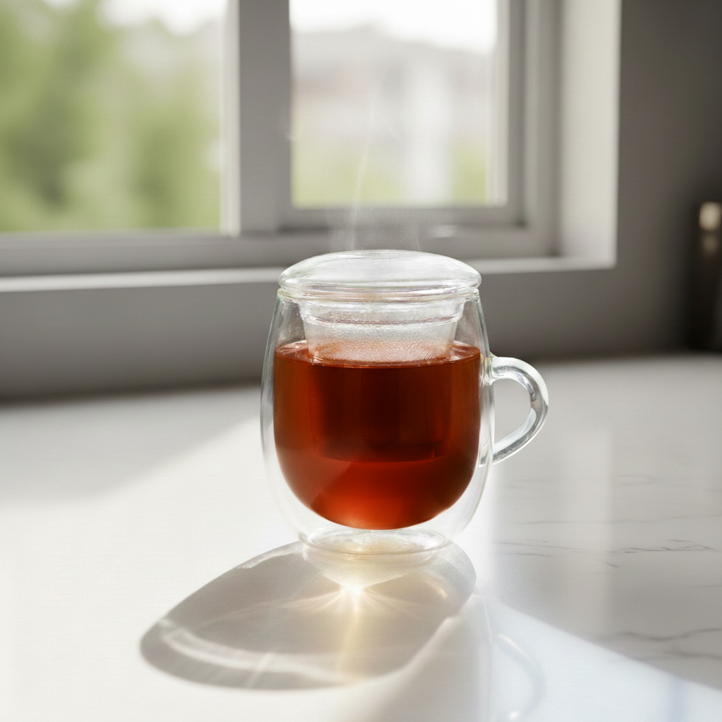 Clear glass mug with tea on a light surface near a window