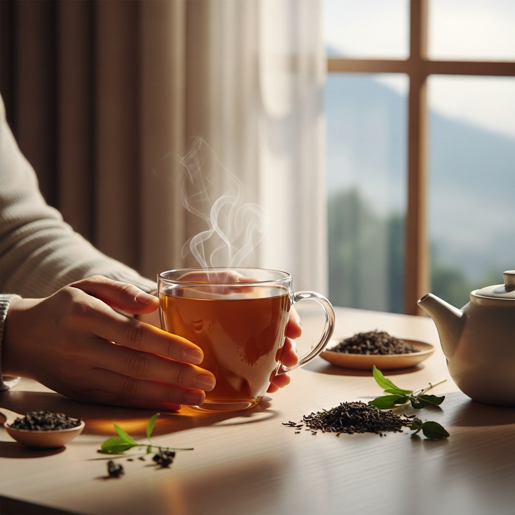 steeped darjeeling tea with tea leaves