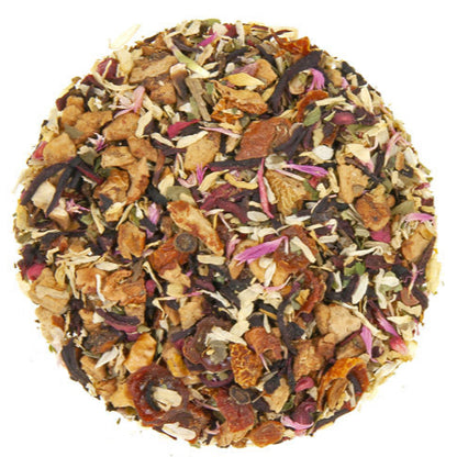 A blend of dried fruits and herbs including apple, hibiscus petals, rosehip, lemon peel, and raspberry pieces, mixed together.