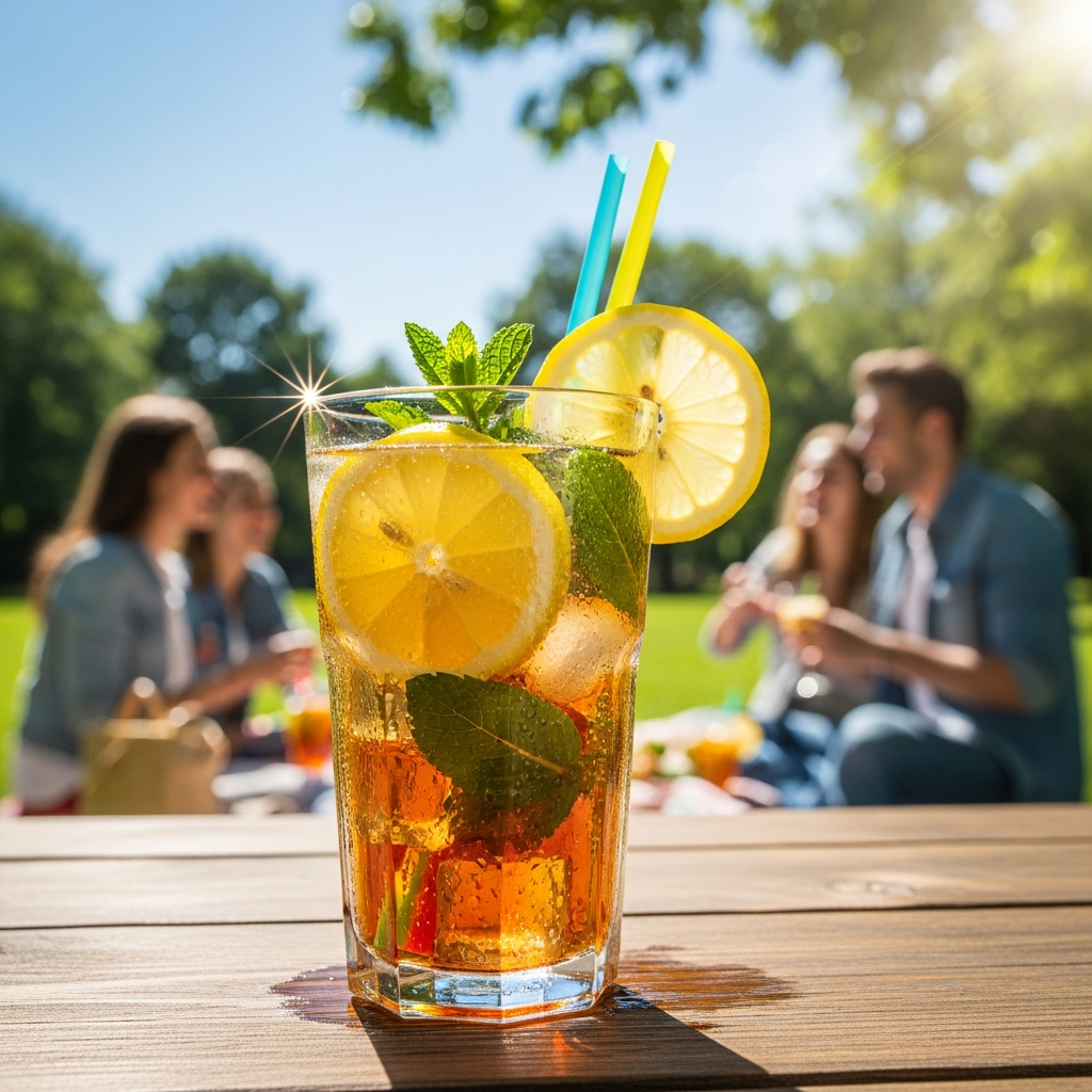 Glass of iced tea with lemon slices and mint leaves on a wooden table outdoors.
