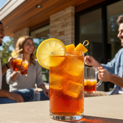 Glass of iced tea with lemon slices on a table with people in the background