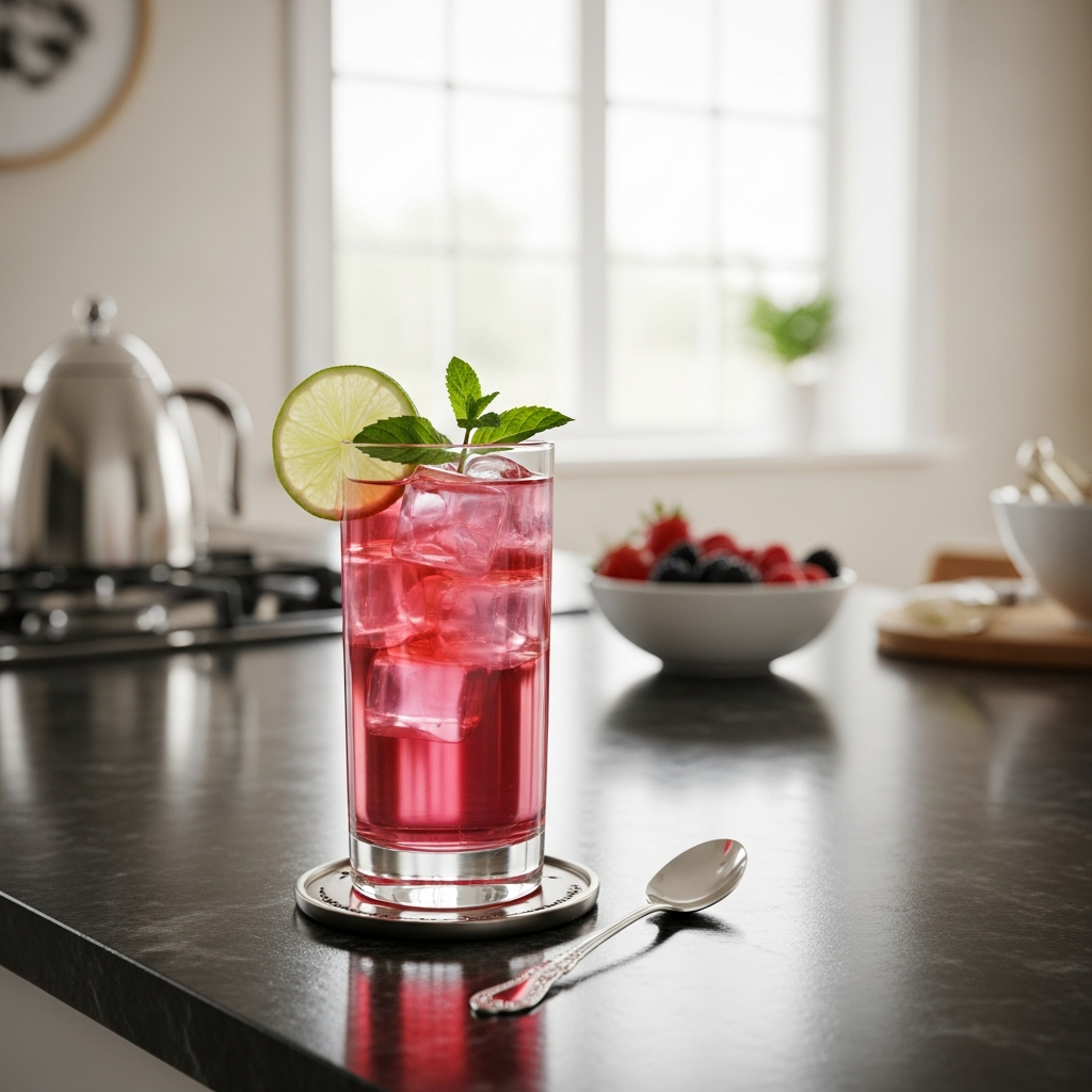 Pink cocktail with lime and mint on a kitchen counter
