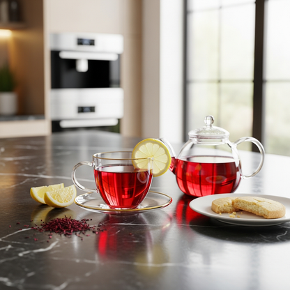 Tea set with red tea, lemon slices, and cookies on a kitchen counter.