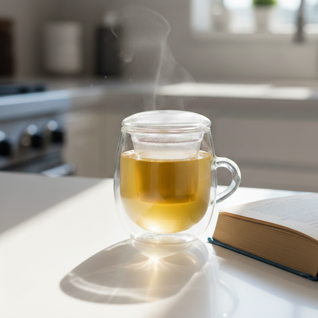 Clear glass mug with steaming hot liquid on a kitchen counter next to an open book