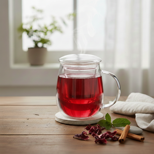 Clear glass mug with red liquid on a wooden table, with cinnamon sticks and dried flowers.