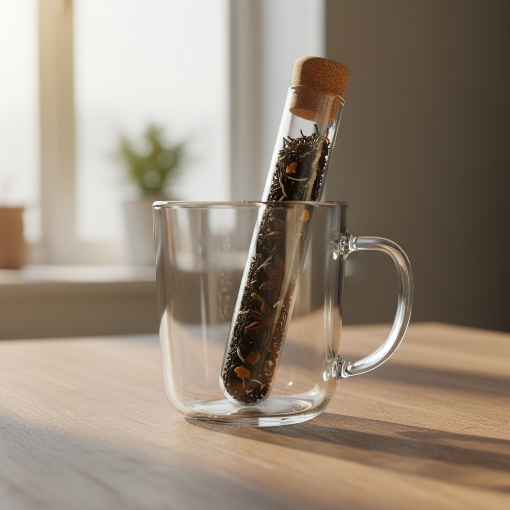 Clear glass mug with a wooden tea infuser on a wooden surface
