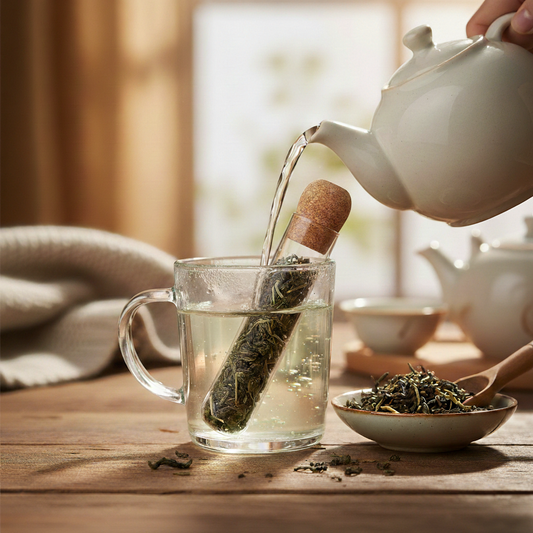 Tea being poured from a teapot into a glass mug on a wooden table.