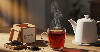 Steaming cup of tea with a teapot and tea leaves on a wooden table.