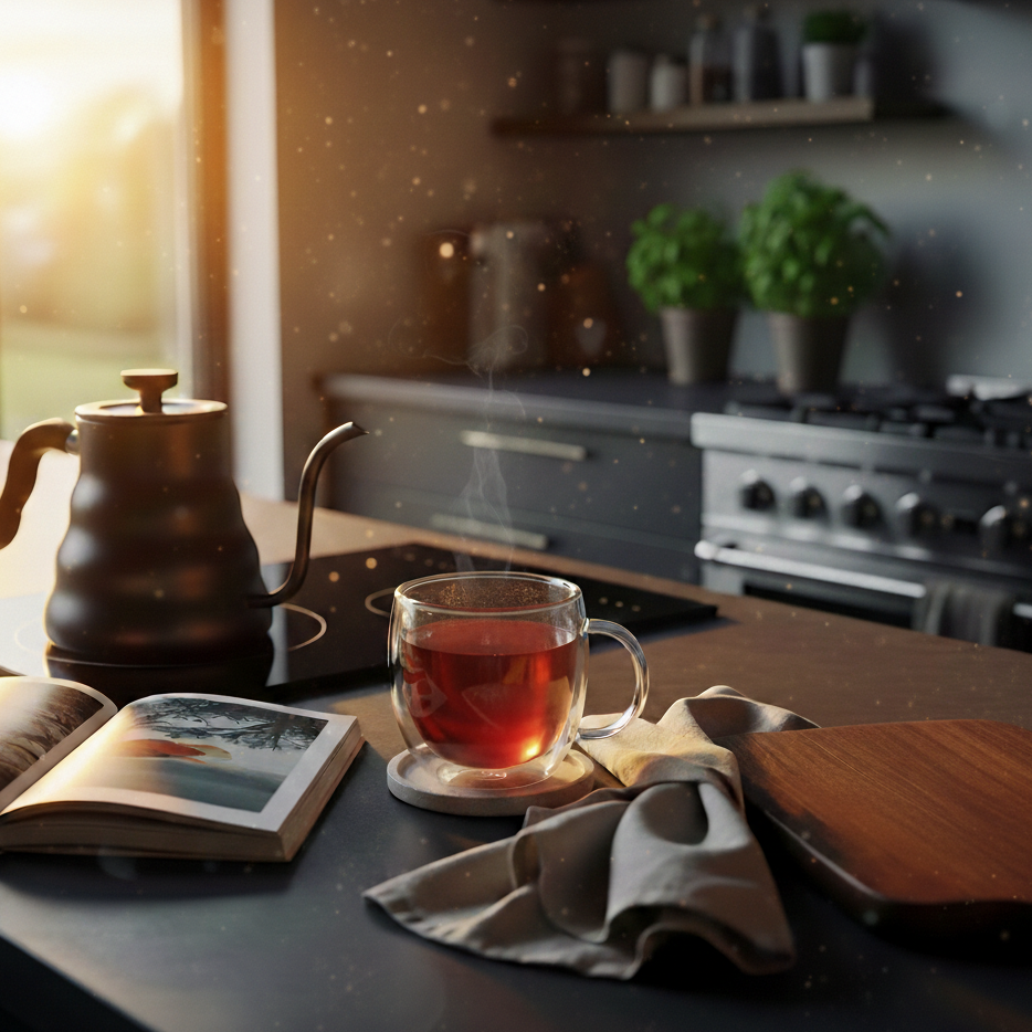 Tea cup with steam, teapot, and open book on a kitchen counter.