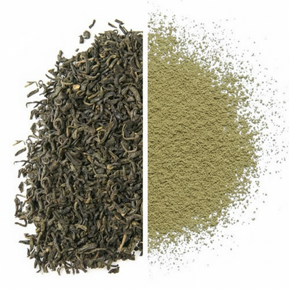 Comparison of green tea leaves and ground green tea on a white background