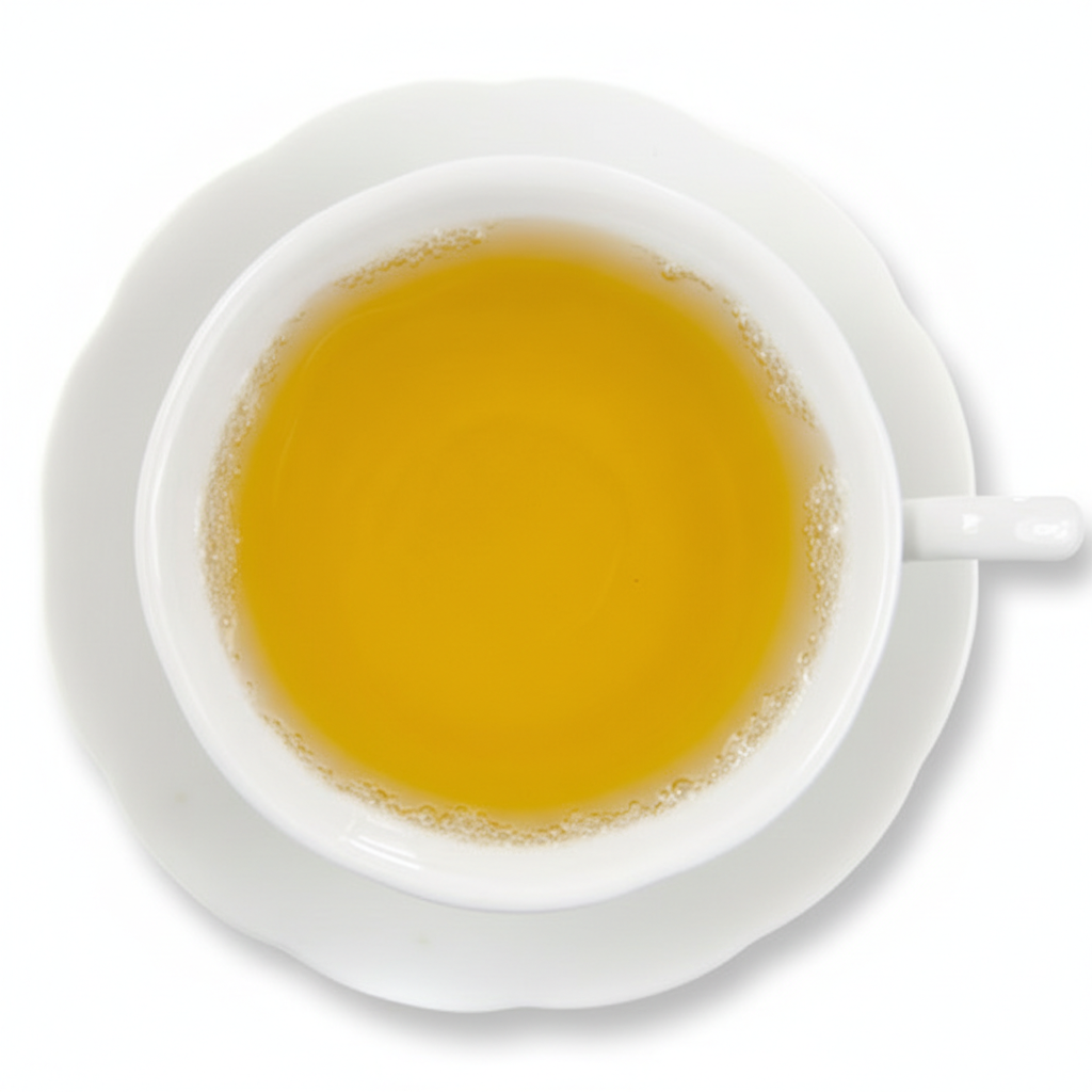 White cup and saucer with yellow liquid on a white background
