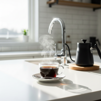 Steaming cup of coffee on a kitchen counter with a kettle and window in the background