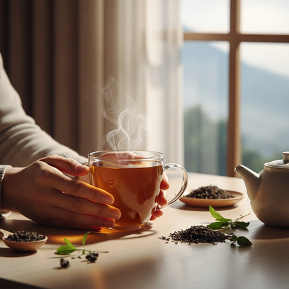 steeped darjeeling tea with tea leaves